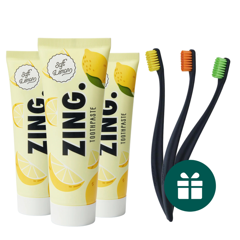 AKCIJA 3+3: "Zing." balinanti ir remineralizuojanti dantų pasta (3 x 75 ml) + DOVANA "Promis" minkšti dantų šepetėliai (3 vnt.)