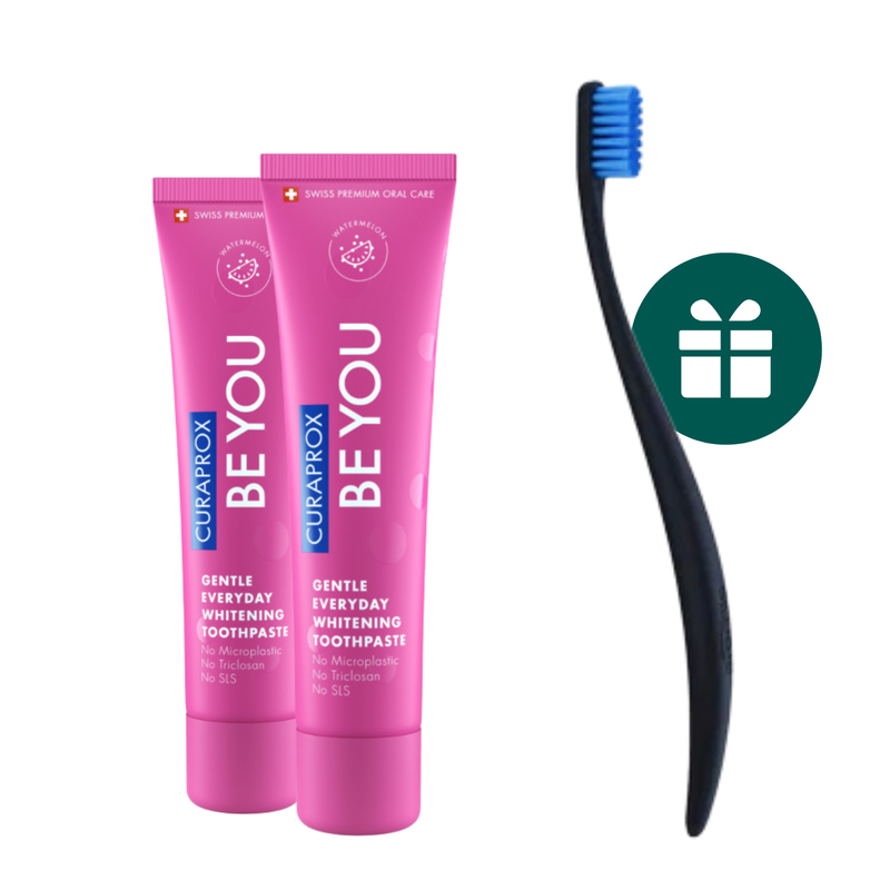 AKCIJA 2+1: "Curaprox Be You" ypatingo skonio balinanti dantų pasta (2 x 60 ml) + DOVANA "Promis" minkštas dantų šepetėlis (1 vnt.)