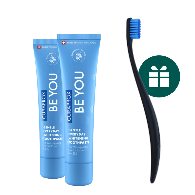 AKCIJA 2+1: "Curaprox Be You" ypatingo skonio balinanti dantų pasta (2 x 60 ml) + DOVANA "Promis" minkštas dantų šepetėlis (1 vnt.)