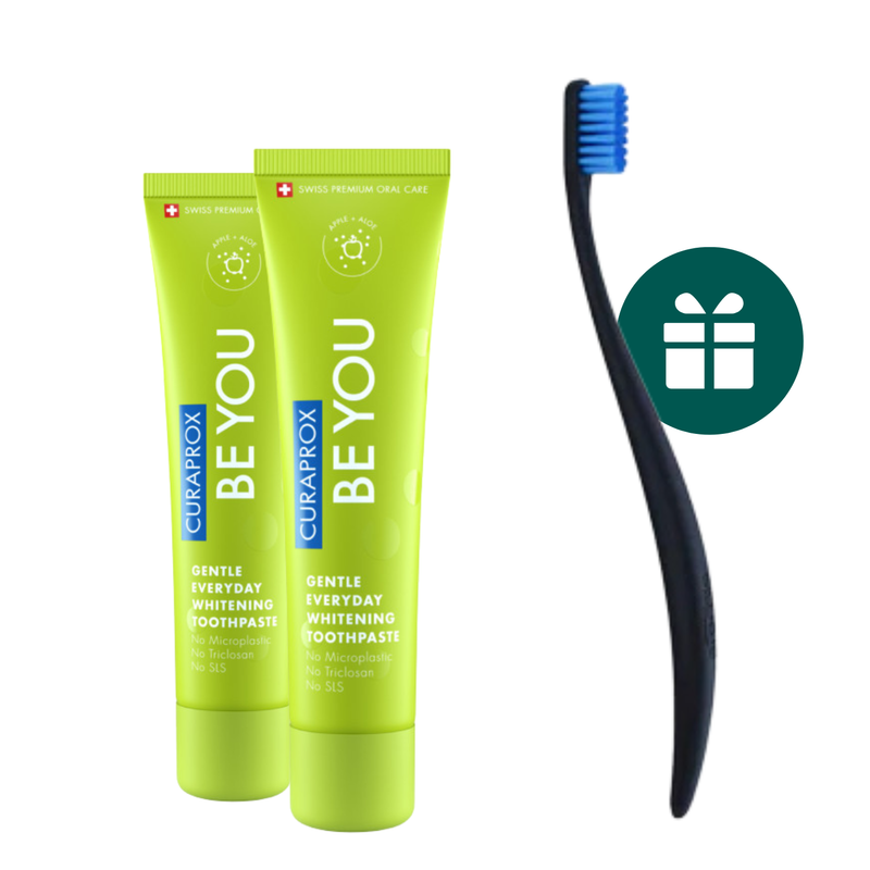 AKCIJA 2+1: "Curaprox Be You" ypatingo skonio balinanti dantų pasta (2 x 60 ml) + DOVANA "Promis" minkštas dantų šepetėlis (1 vnt.)