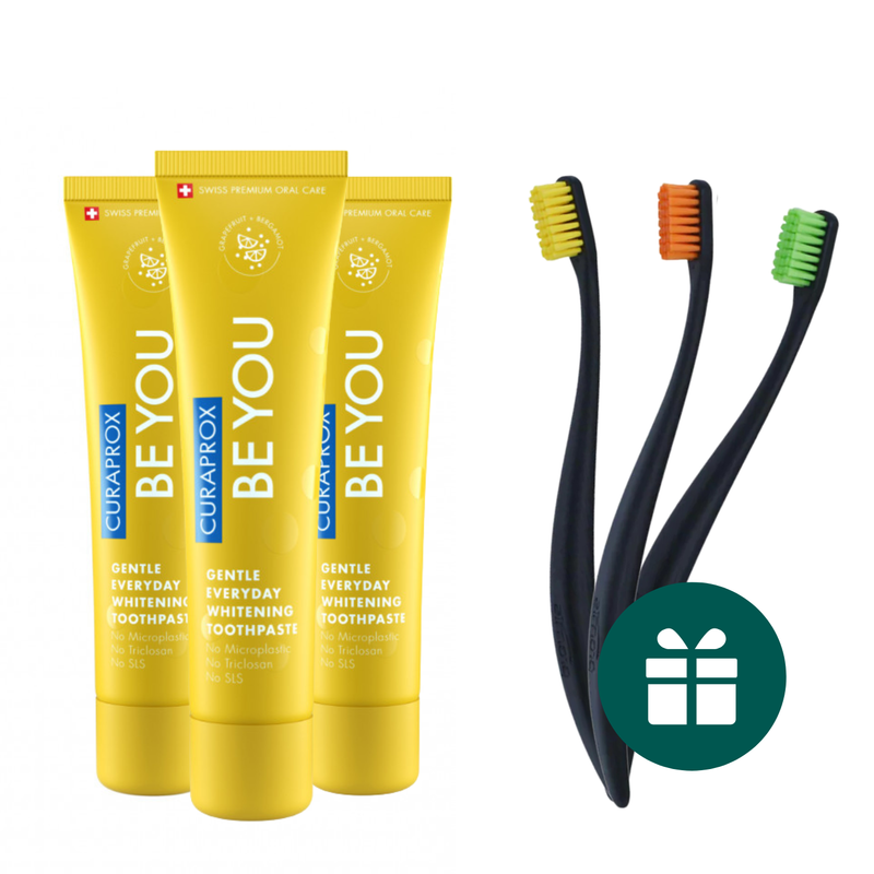 AKCIJA 3+3: "Curaprox Be You" ypatingo skonio balinanti dantų pasta (3 x 60 ml) + DOVANA "Promis" minkšti dantų šepetėliai (3 vnt.)