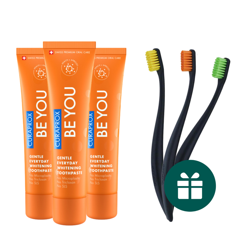 AKCIJA 3+3: "Curaprox Be You" ypatingo skonio balinanti dantų pasta (3 x 60 ml) + DOVANA "Promis" minkšti dantų šepetėliai (3 vnt.)
