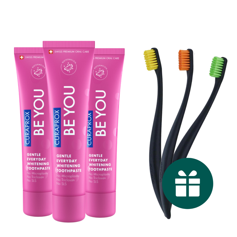 AKCIJA 3+3: "Curaprox Be You" ypatingo skonio balinanti dantų pasta (3 x 60 ml) + DOVANA "Promis" minkšti dantų šepetėliai (3 vnt.)