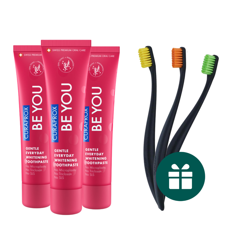 AKCIJA 3+3: "Curaprox Be You" ypatingo skonio balinanti dantų pasta (3 x 60 ml) + DOVANA "Promis" minkšti dantų šepetėliai (3 vnt.)