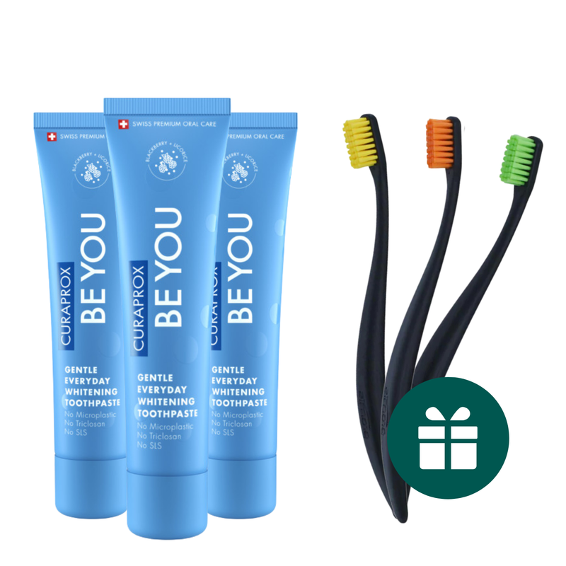AKCIJA 3+3: "Curaprox Be You" ypatingo skonio balinanti dantų pasta (3 x 60 ml) + DOVANA "Promis" minkšti dantų šepetėliai (3 vnt.)
