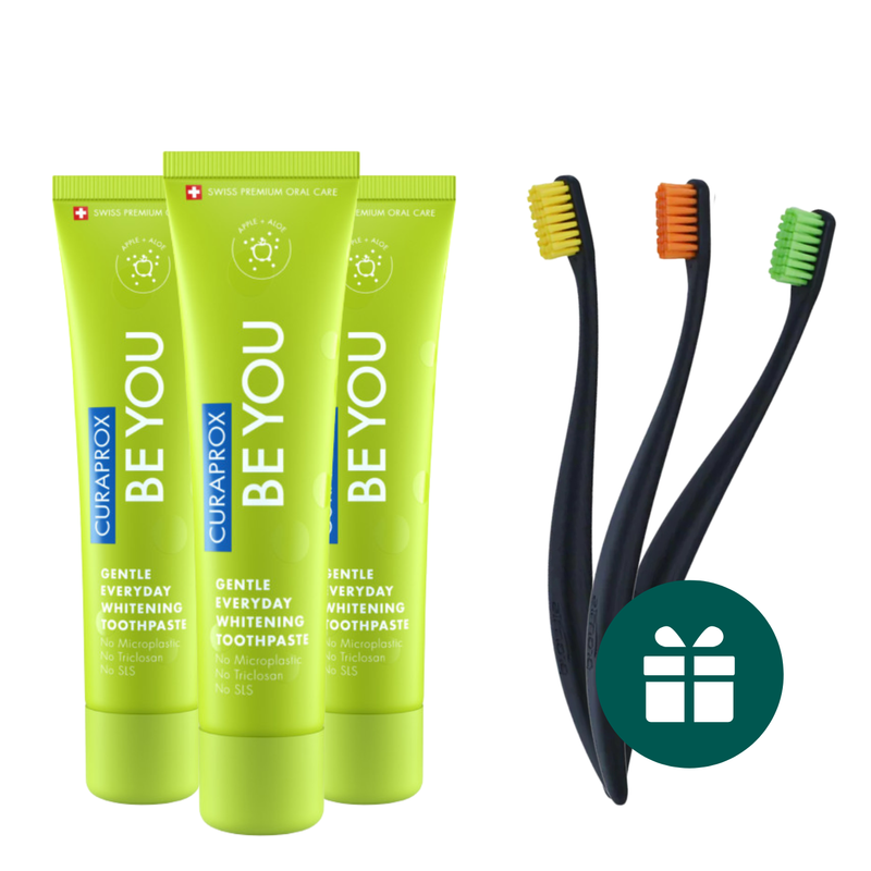 AKCIJA 3+3: "Curaprox Be You" ypatingo skonio balinanti dantų pasta (3 x 60 ml) + DOVANA "Promis" minkšti dantų šepetėliai (3 vnt.)