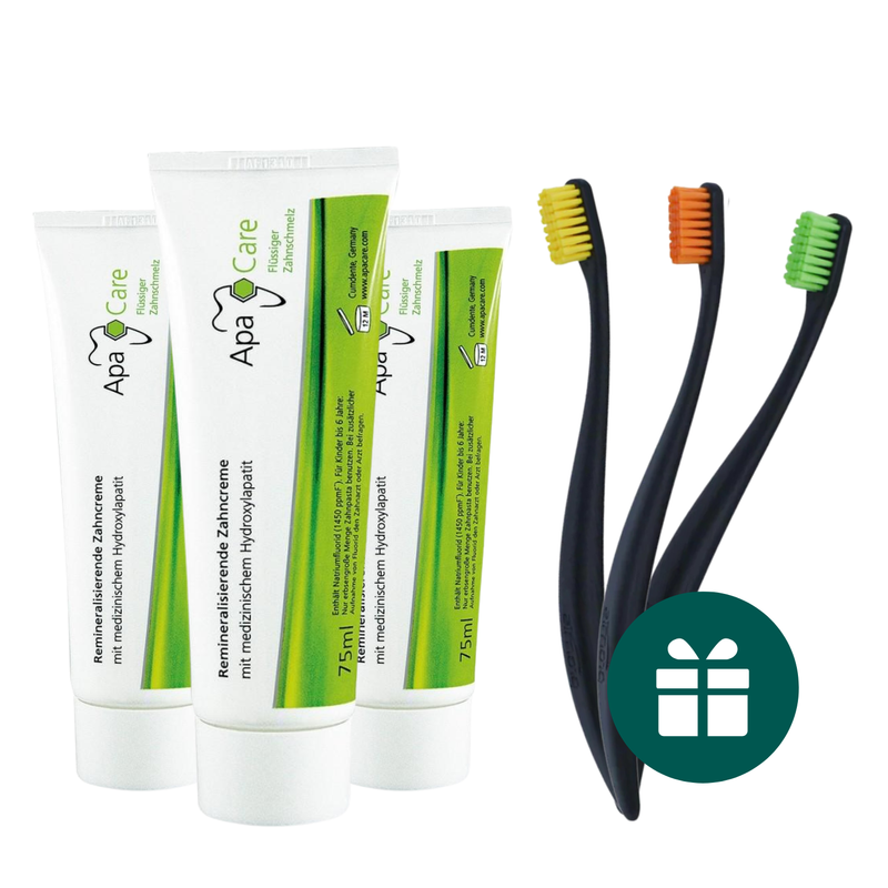 AKCIJA 3+3: "ApaCare" remineralizuojanti dantų pasta (3 x 75 ml) + DOVANA "Promis" minkšti dantų šepetėliai (3 vnt.)