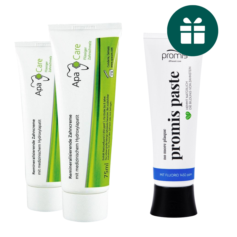 AKCIJA 2+1: "ApaCare" remineralizuojanti dantų pasta (2 x 75 ml) + DOVANA "Promis Paste" priešuždegiminė dantų pasta (75 ml)