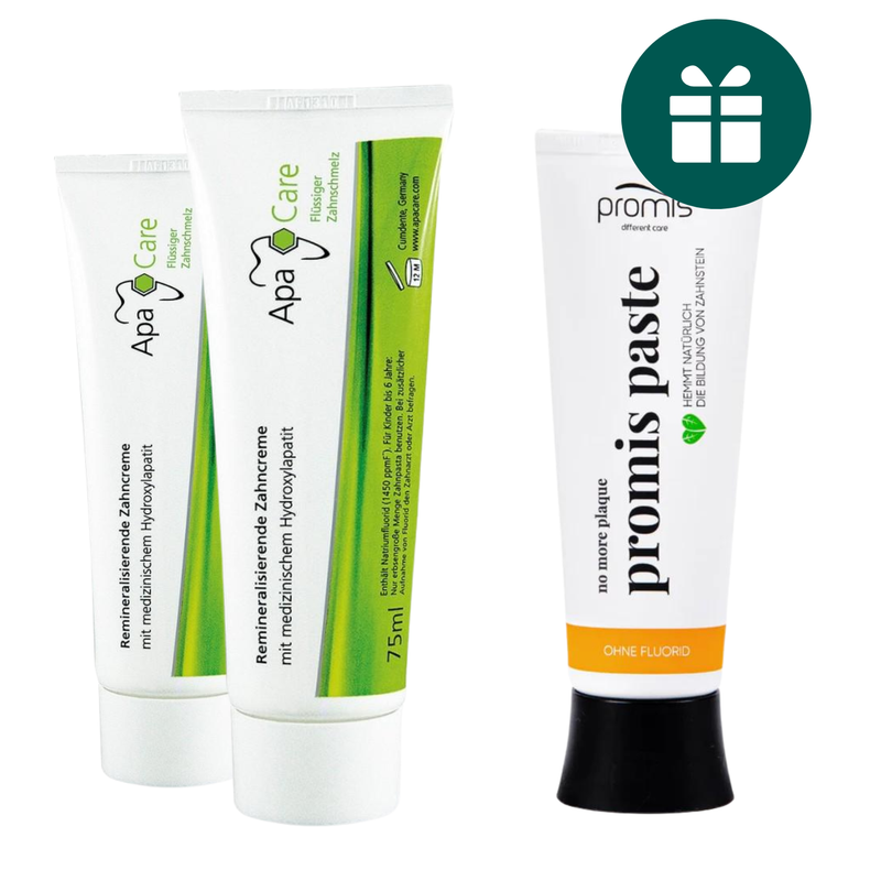 AKCIJA 2+1: "ApaCare" remineralizuojanti dantų pasta (2 x 75 ml) + DOVANA "Promis Paste" priešuždegiminė dantų pasta (75 ml)