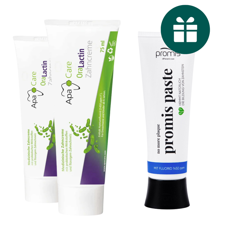 AKCIJA 2+1: "ApaCare Oralactin" dantų pasta su probiotikais (2 x 75 ml) + DOVANA "Promis Paste" priešuždegiminė dantų pasta (75 ml)