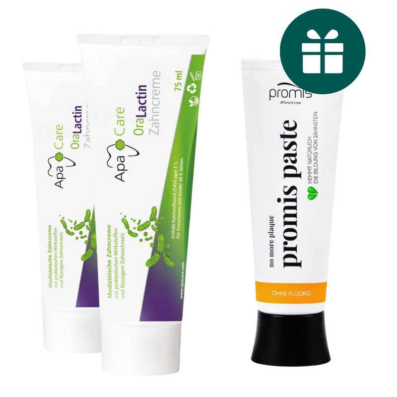 AKCIJA 2+1: "ApaCare Oralactin" dantų pasta su probiotikais (2 x 75 ml) + DOVANA "Promis Paste" priešuždegiminė dantų pasta (75 ml)