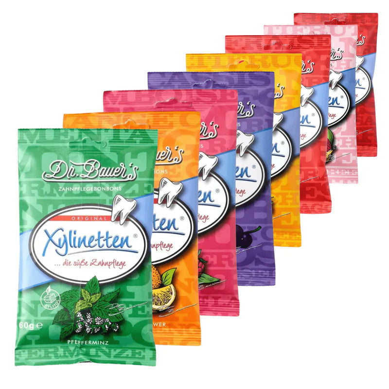 Komplektas vaikams: "Curaprox Kids Travel Set" kelioninis burnos priežiūros rinkinys ir "Dr. Bauer's Xylinetten" pastilės su saldikliu ksilitoliu (30 vnt.)