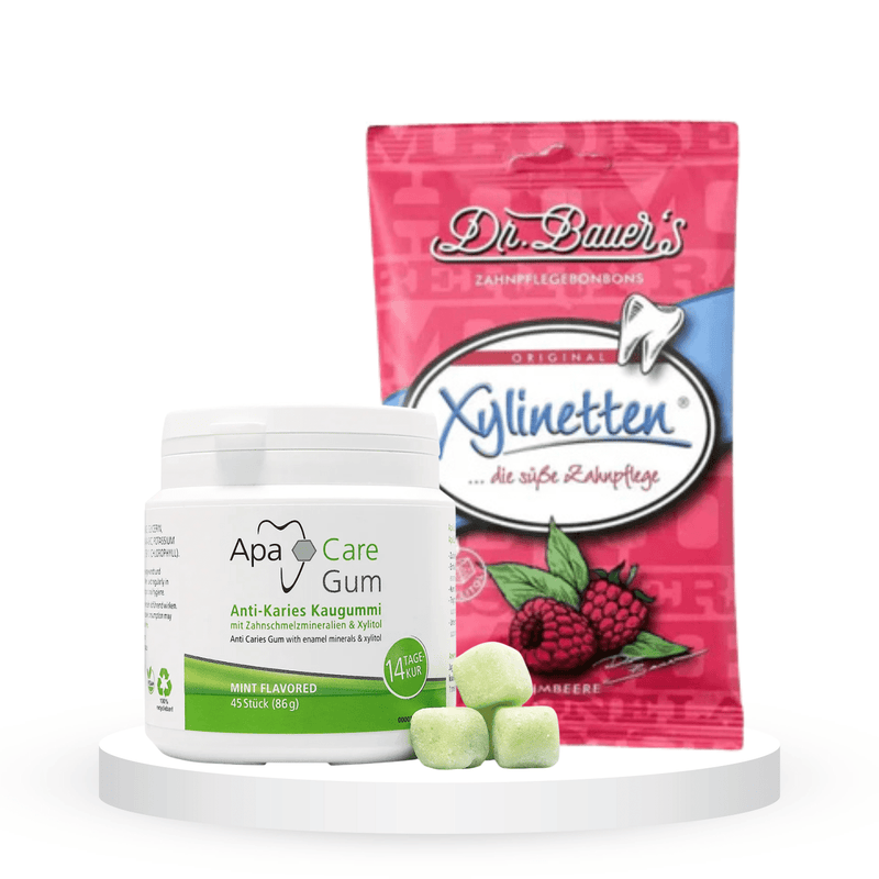 Komplektas gaiviam kvapui: "ApaCare" kramtomoji guma (45 vnt.) ir "Dr. Bauer's Xylinetten" ksilitolio pastilės (30 vnt.)