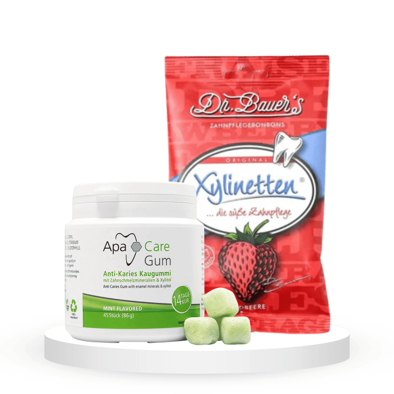 Komplektas gaiviam kvapui: "ApaCare" kramtomoji guma (45 vnt.) ir "Dr. Bauer's Xylinetten" ksilitolio pastilės (30 vnt.)