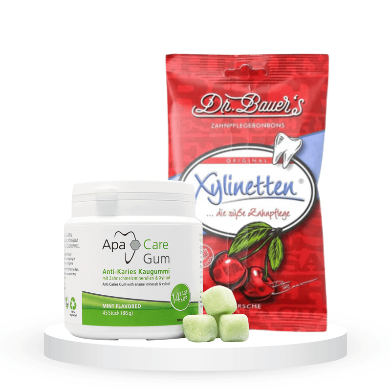 Komplektas gaiviam kvapui: "ApaCare" kramtomoji guma (45 vnt.) ir "Dr. Bauer's Xylinetten" ksilitolio pastilės (30 vnt.)