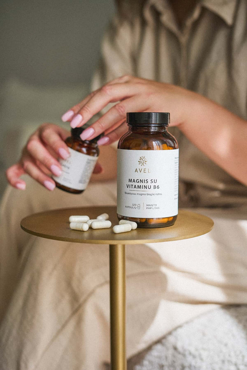 "Avel" bioaktyvus magnio bisglicinatas su vitaminu B6, 120 kaps.