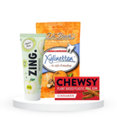 Balinantis komplektas: "ZING." balinanti dantų pasta (75 ml), "Dr. Bauer's" ksilitolio pastilės (30 vnt.) ir "Chewsy" kramtomoji guma su ksilitoliu (10 vnt.)