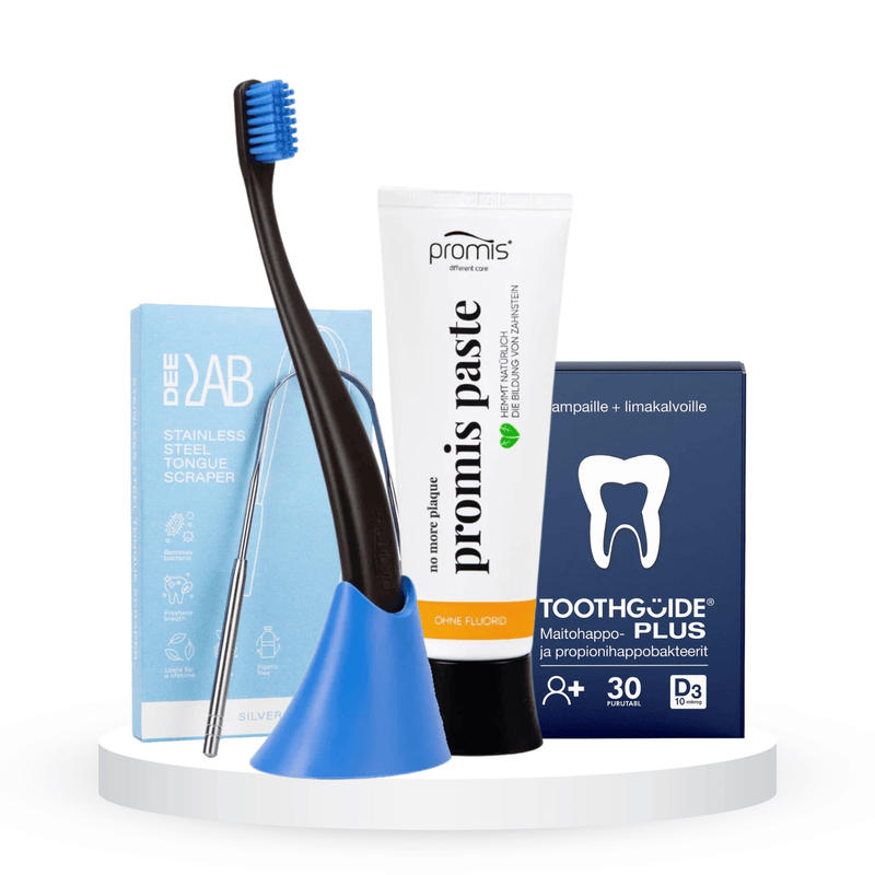 Profilaktinis komplektas: "Promis Paste" dantų pasta be fluoro (75 ml), "Promis" minkštas dantų šepetėlis, "Tothguide Plus" burnos probiotikai (30 vnt.) ir "DeeLab" liežuvio valiklis