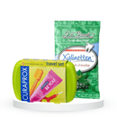 Balinantis komplektas: "Curaprox Be You Travel" kelioninis burnos priežiūros komplektas ir "Dr. Bauer's" pastilės su ksilitoliu (30 vnt.)