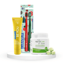 Balinantis komplektas: "Curaprox Be you" balinanti dantų pasta (60 ml), "Curaprox Chistmas 5460" dantų šepetėliai (2 vnt.) ir "Apacare Gum" kramtomoji guma su ksilitoliu (30 vnt.)