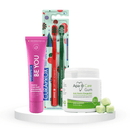 Balinantis komplektas: "Curaprox Be you" balinanti dantų pasta (60 ml), "Curaprox Chistmas 5460" dantų šepetėliai (2 vnt.) ir "Apacare Gum" kramtomoji guma su ksilitoliu (30 vnt.)