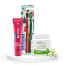 Balinantis komplektas: "Curaprox Be you" balinanti dantų pasta (60 ml), "Curaprox Chistmas 5460" dantų šepetėliai (2 vnt.) ir "Apacare Gum" kramtomoji guma su ksilitoliu (30 vnt.)