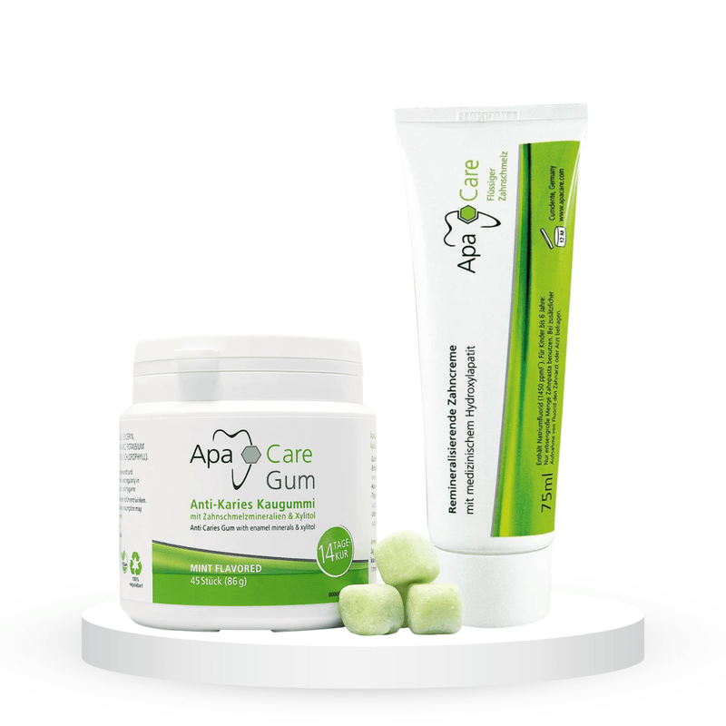 Komplektas "Apacare": emalį stiprinanti dantų pasta (75 ml) ir kramtomoji guma su ksilitoliu ir emalio mineralais (45 vnt.)