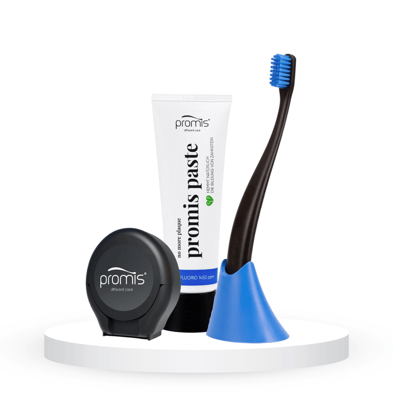 Ekologiškas komplektas "Promis": dantų pasta su fluoru (75 ml), dantų siūlas (30 m) ir šepetėlis su stoveliu