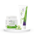 Komplektas "Apacare": dantų pasta su probiotikais (75 ml) ir kramtomoji guma su ksilitoliu ir emalio mineralais (45 vnt.)