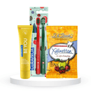 Balinantis komplektas: "Curaprox Be you" balinanti dantų pasta (60 ml), "Curaprox Chistmas 5460" dantų šepetėliai (2 vnt.) ir "Dr. Bauer's Xylinetten" ksilitolio pastilės (30 vnt.)