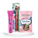 Balinantis komplektas: "Curaprox Be you" balinanti dantų pasta (60 ml), "Curaprox Chistmas 5460" dantų šepetėliai (2 vnt.) ir "Dr. Bauer's Xylinetten" ksilitolio pastilės (30 vnt.)