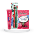 Balinantis komplektas: "Curaprox Be you" balinanti dantų pasta (60 ml), "Curaprox Chistmas 5460" dantų šepetėliai (2 vnt.) ir "Dr. Bauer's Xylinetten" ksilitolio pastilės (30 vnt.)