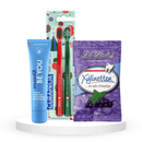 Balinantis komplektas: "Curaprox Be you" balinanti dantų pasta (60 ml), "Curaprox Chistmas 5460" dantų šepetėliai (2 vnt.) ir "Dr. Bauer's Xylinetten" ksilitolio pastilės (30 vnt.)