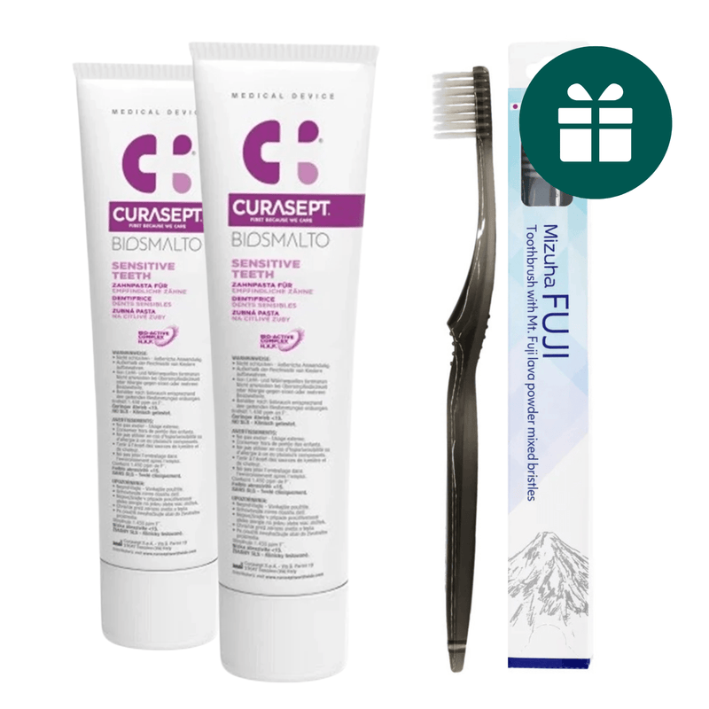 AKCIJA 2+1: "Curasept Biosmalto Sensitive Teeth" dantų pasta jautriems dantims (2 x 75 ml) ir "Mizuha Fuji" minkštas japoniškas dantų šepetėlis su mineralais (1 vnt.)