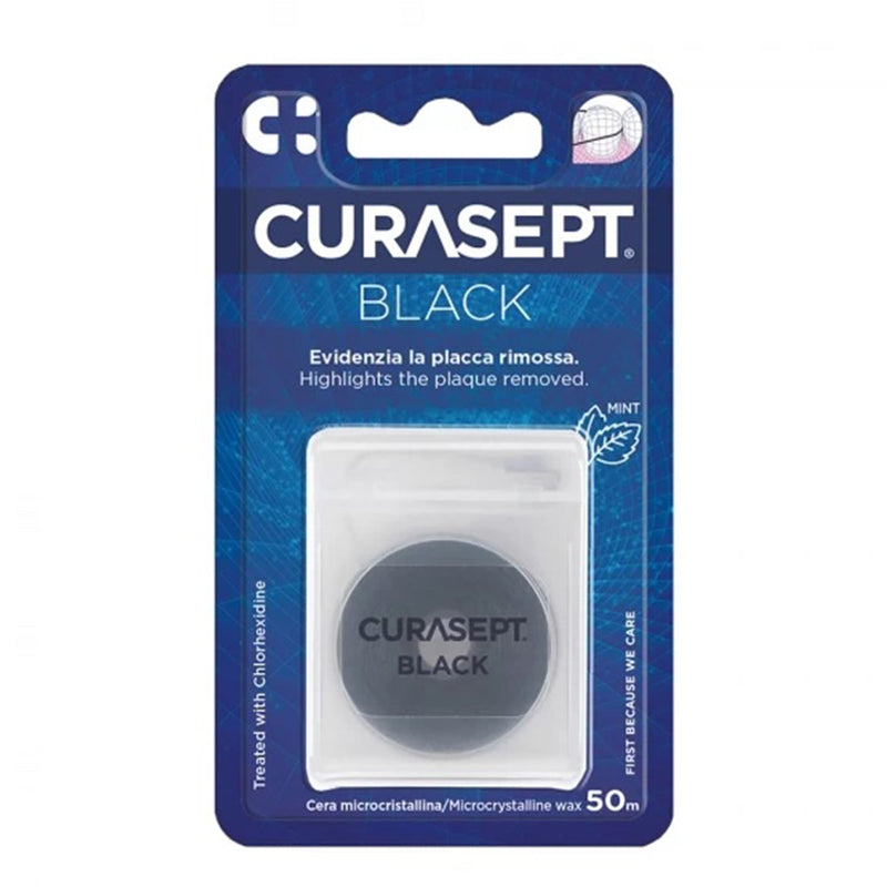 "Curasept" vaškuotas tarpdančių siūlas impregnuotas chlorheksidinu, juodas, 50 m
