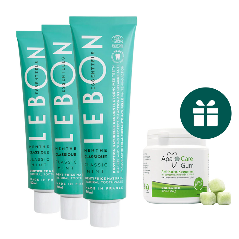 AKCIJA 3+1: "Lebon Essentiels" balinanti ir remineralizuojanti dantų pasta (3 x 80 ml) ir "ApaCare Gum" kramtomoji guma su saldikliu ksilitoliu (45 vnt.)