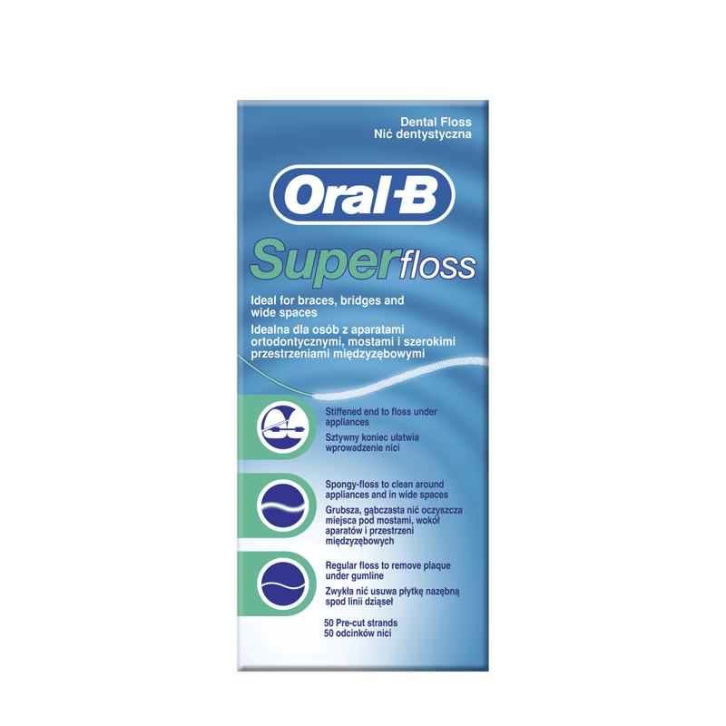 "Oral-B SuperFloss" tarpdančių siūlas su standžiu galiuku, 50 vnt.