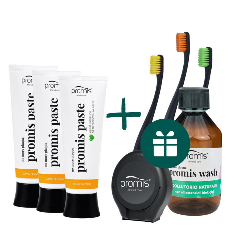 AKCIJA 3+5: "Promis Paste" dantų pasta, 75 ml (3 vnt.) + DOVANA "Promis" dantų šepetėliai (3 vnt.), tarpdančių siūlas (30 m) ir skalavimo skystis (250 ml)