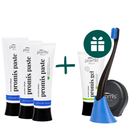 AKCIJA 3+3: "Promis Paste" dantų pasta, 75 ml (3 vnt.) + DOVANA "Promis" dantų gelis mažinantis apnašas (60 ml), dantų šepetėlis su stoveliu (1 vnt.) ir tarpdančių siūlas (30 m)