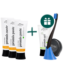 AKCIJA 3+3: "Promis Paste" dantų pasta, 75 ml (3 vnt.) + DOVANA "Promis" dantų gelis mažinantis apnašas (60 ml), dantų šepetėlis su stoveliu (1 vnt.) ir tarpdančių siūlas (30 m)