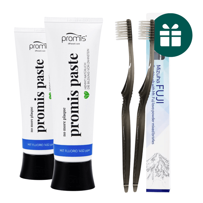 AKCIJA 2+2: "Promis Paste" natūrali remineralizuojanti dantų pasta su fluoru (2 x 75 ml) ir "Mizuha Fuji" minkštas japoniškas dantų šepetėlis su mineralais (2 vnt.)