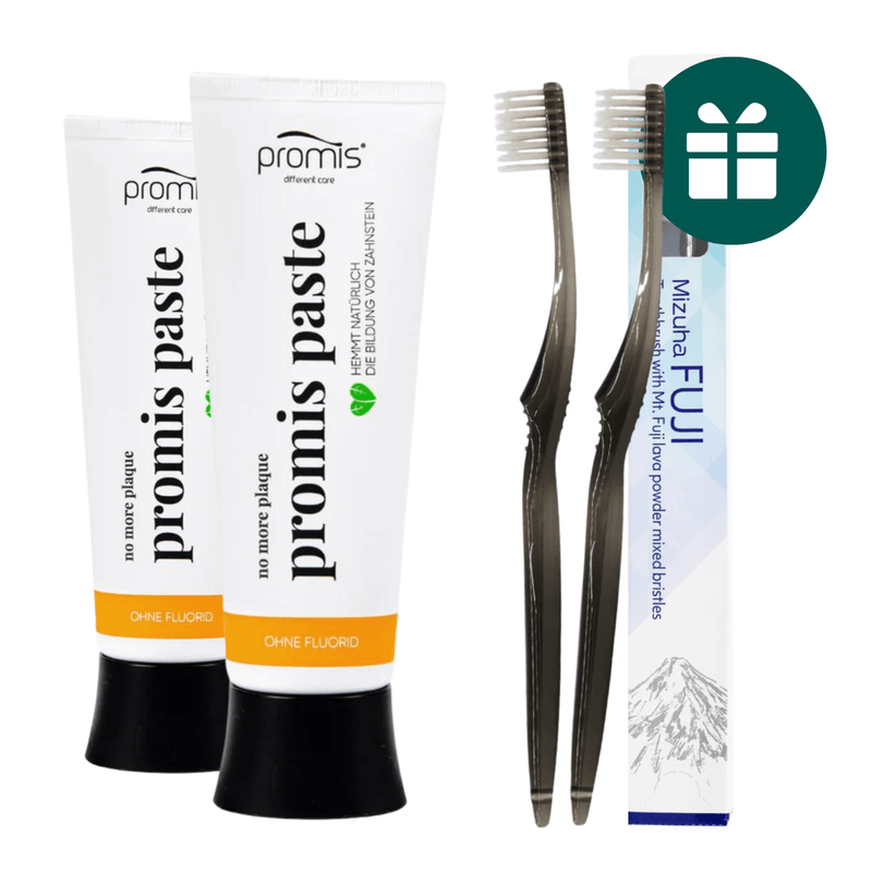 AKCIJA 2+2: "Promis Paste" natūrali remineralizuojanti dantų pasta be fluoro (2 x 75 ml) ir "Mizuha Fuji" minkštas japoniškas dantų šepetėlis su mineralais (2 vnt.)