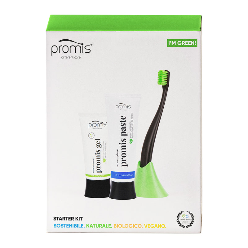 "Promis" ekologiškas rinkinys: natūrali dantų pasta su fluoru, dantų gelis, dantų šepetėlis, dantų šepetėlio stovelis, 4 vnt.