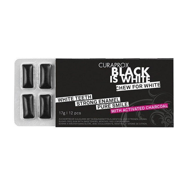 "Curaprox Black is White" kramtomosios gumos su aktyvuota anglimi pakuotė, 12 vienetų pakuotėje