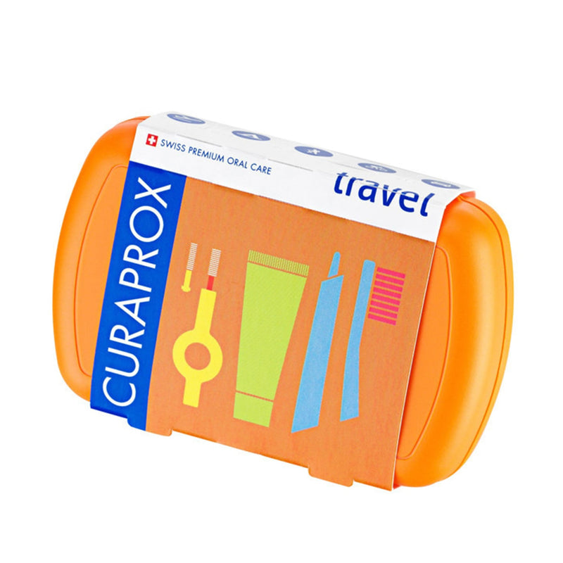 "Curaprox" oranžinis kelioninis rinkinys: balinanti dantų pasta (10 ml), minkštas dantų šepetėlis ir tarpdančių šepetėliai
