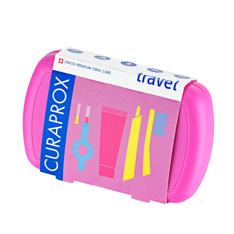 "Curaprox" rožinis kelioninis rinkinys: balinanti dantų pasta (10 ml), minkštas dantų šepetėlis ir tarpdančių šepetėliai