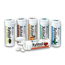 "Miradent Xylitol" cinamono, mėtų, spanguolių, vaisių skonio becukrės kramtomosios gumos su ksilitoliu pakuotės