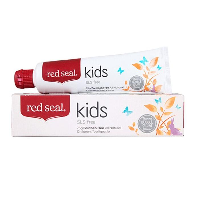 "Red Seal Kids" persikų ir bananų skonio dantų pastos vaikams pakuotė ir tūbelė, 75 gramų
