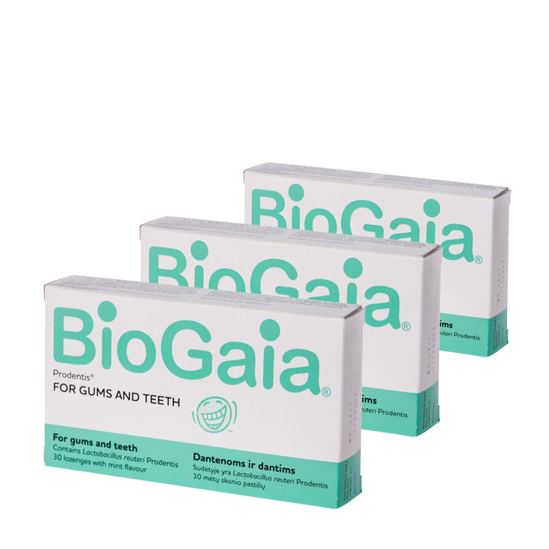 3 pakuotės BioGaia ProDentis pastilių su burnos probiotikais,