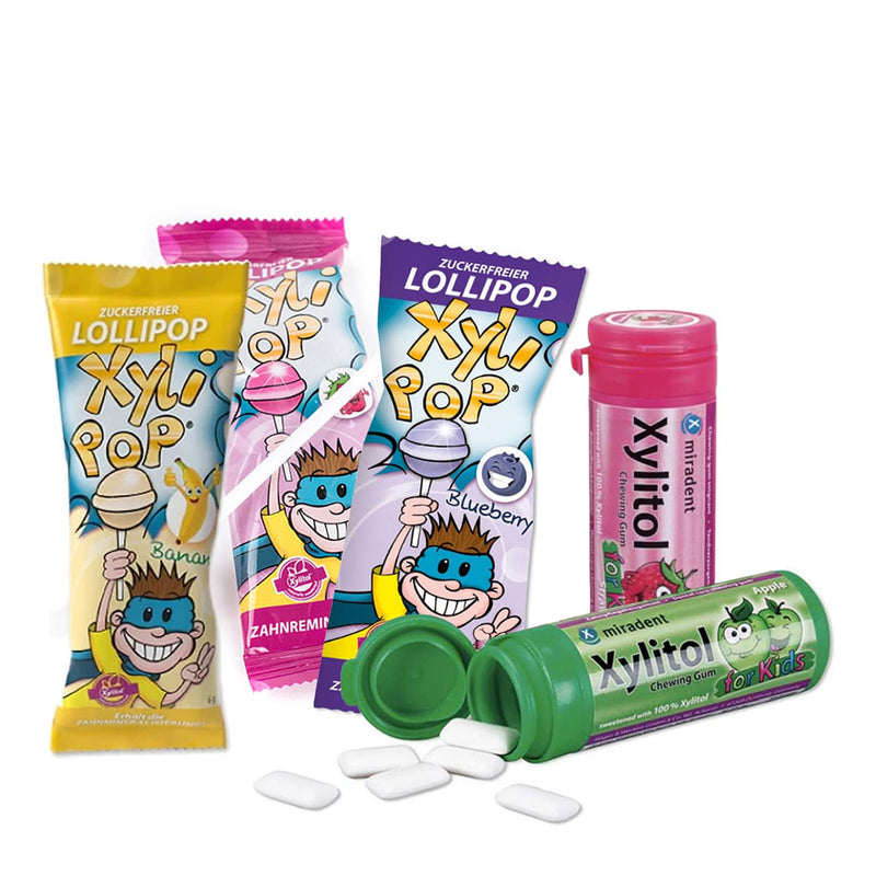 VISI SKONIAI: "Miradent Xylitol" kramtomosios gumos ir "Miradent XyliPop" ledinukų komplektas vaikams su ksilitoliu, 5 vnt. komplekte